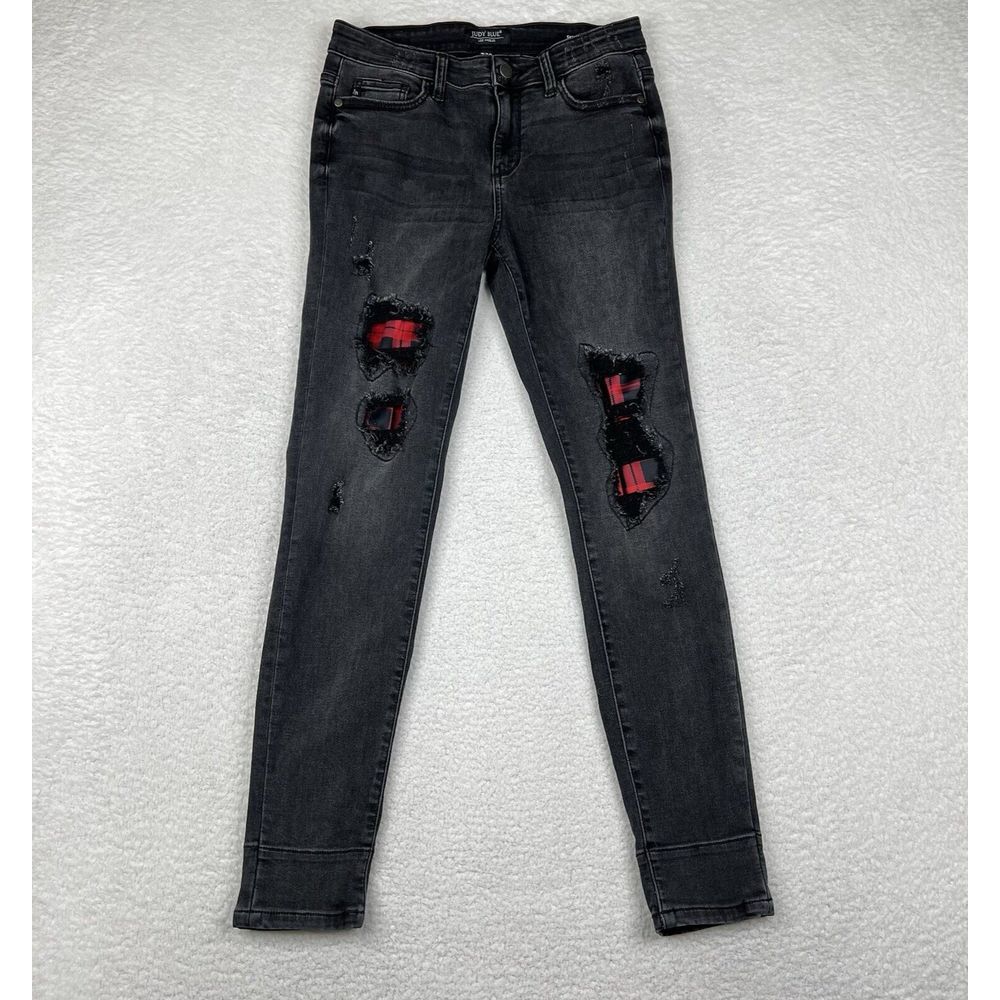 Judy Blue Jeans Womens 7/28 Black Skinny‎ Fit Mid Rise Stretch Distressed Denim
